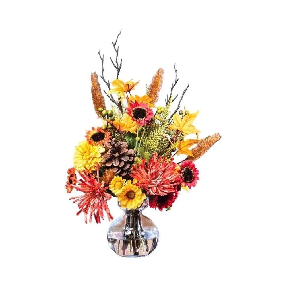 Harvest Moon Silk Flower Autumn Floral Arrangement in Glass Vase